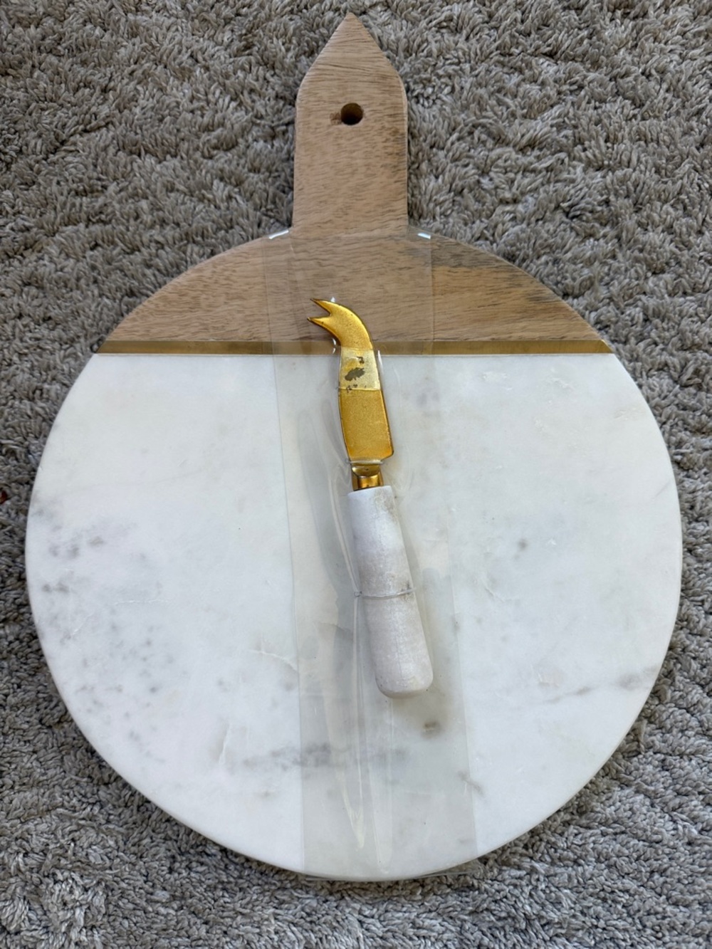 Cost Plus World Market White Marble & Wood Round Cheese Board with Gold Spreader